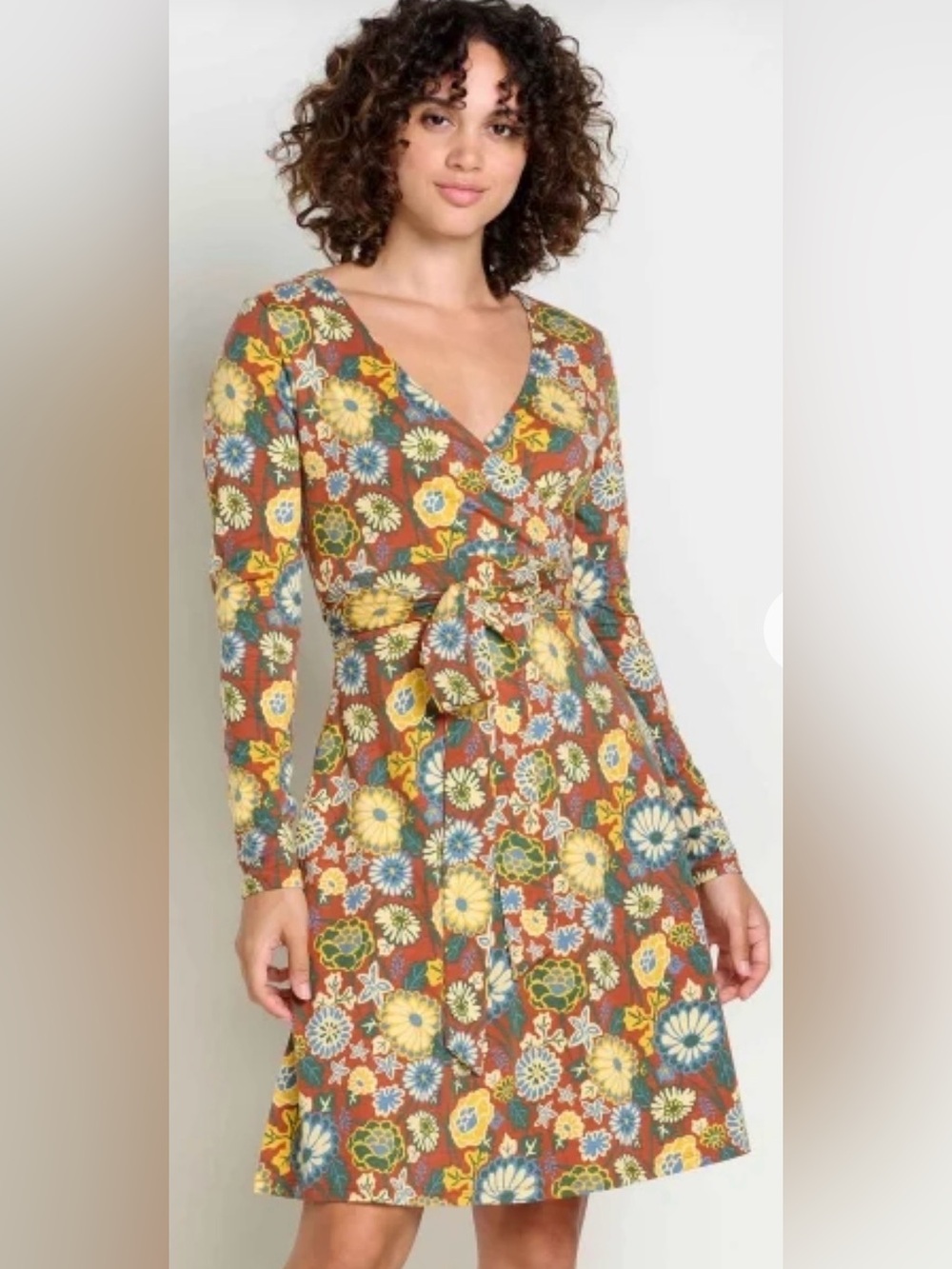 Toad&Co Rust Multi Floral Wrap Dress with Long Sleeves